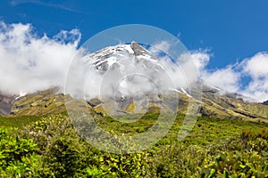 volcano Taranaki covered in clouds, New Zealand