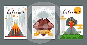 Volcano vector eruption volcanism explosion convulsion of nature volcanic in mountains illustration backdrop poster set