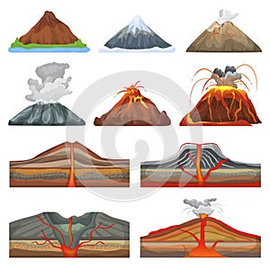Volcano vector eruption and volcanism or explosion convulsion of nature volcanic in mountains illustration set of