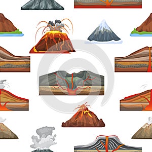 Volcano vector eruption and volcanism or explosion convulsion of nature volcanic in mountains illustration set of photo
