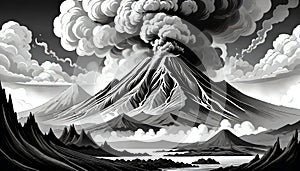 Volcano violent volcanic eruption nature smoke line drawing