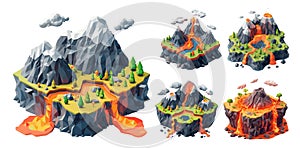 Volcanoes eruption isometric vector set. Rock stone lava magma land disaster trees grass mountains clouds elements