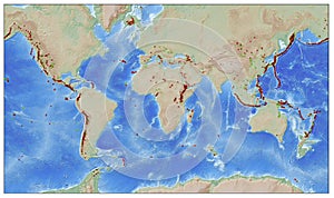 Volcanoes of the world. Mercator projection