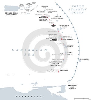 Volcanoes of the Caribbean islands, Lesser Antilles island arc, political map photo