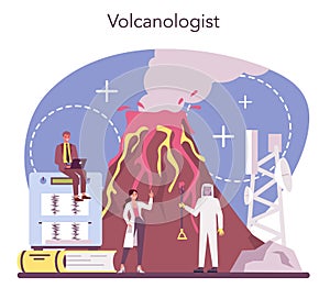 Volcanologist concept. Geologist studying the processes and activity