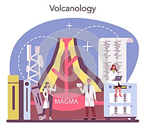 Volcanologist concept. Geologist studying the processes and activity