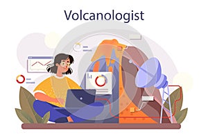 Volcanologist concept. Geologist studying the processes and activity