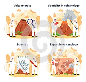Volcanologist concept set. Geologist studying the processes