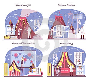 Volcanologist concept set. Geologist studying the processes