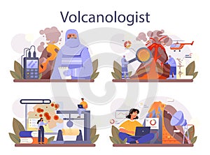 Volcanologist concept set. Geologist studying the processes and activity