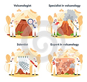 Volcanologist concept set. Geologist studying the processes photo