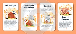 Volcanologist mobile application banner set. Geologist studying