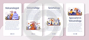 Volcanologist mobile application banner set. Geologist studying the processes