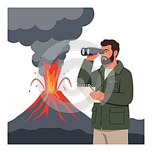 Volcanologist observing erupting volcano with binoculars and notebook natural disaster study vector photo