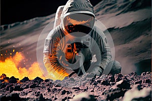 volcanologist in silver hazmat suit, explosions of lava. Volcano. Ai Generative photo