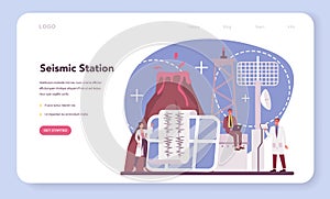 Volcanologist web banner or landing page. Geologist studying