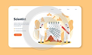Volcanologist web banner or landing page. Geologist studying photo