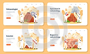 Volcanologist web banner or landing page set. Geologist studying photo