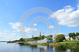 Volga river. On the banks of the river, the city of Kostroma. Restaurant. Berths. River port. The cathedral. Church. Nature