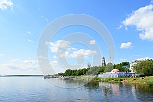 Volga river. On the banks of the river, the city of Kostroma. Restaurant. Berths. River port. The cathedral. Church. Nature photo