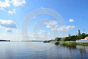 Volga river. On the banks of the river, the city of Kostroma. Restaurant. Berths. River port. The cathedral. Church. Nature photo