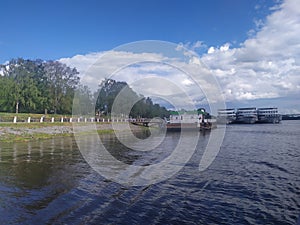 Volga river embankment with harbour in Kostroma, Russia