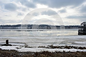 The Volga River. Retro marina. Spring landscape landscape. Sky clouds. Water