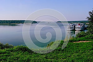 Volga River with two Cruise Liners docked at a pier