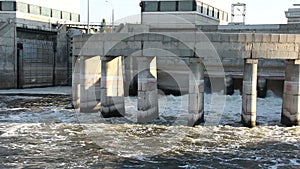 Volgograd hydroelectric power station, the flow of water in the airlock, Russia, the Volga river