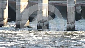 Volgograd hydroelectric power station, the flow of water in the airlock, Russia, the Volga river