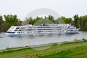 VOLGOGRAD, RUSSIA - MAY 05, 2022: Cruise liner Anton Chekhov with tourists on board passes along the Volga-Don Shipping Canal