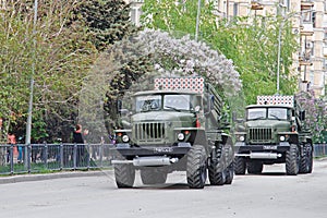 Soviet Multiple Rocket Launchers BM-21 on dress rehearsal of the military parade in honor of Victory day in Volgograd