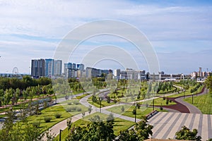 Volgograd. Russia-September 7, 2019. View of the Memorial Park opposite the Volgograd Arena at the foot of the complex on Mamaev