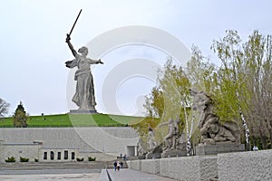 VOLGOGRAD, RUSSIA. A view of the main monument `the Motherland calls!` and sculptural compositions at Heroes Square. Mamayev