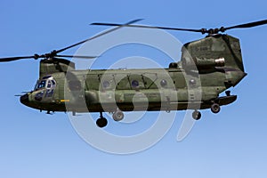 VOLKEL, THE NETHERLANDS - JUN 15, 2013: Royal Netherlands Air Force Boeing CH-47D Chinook transport helicopter in flight