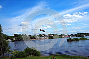 The Volkhov River in the city of Veliky Novgorod. The river flows in the city past its buildings and architecture