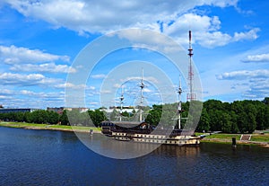 The Volkhov River in the city of Veliky Novgorod. The river flows in the city past its buildings and architecture