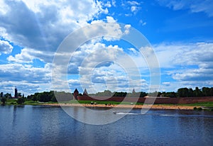 The Volkhov River in the city of Veliky Novgorod. The river flows in the city past its buildings and architecture