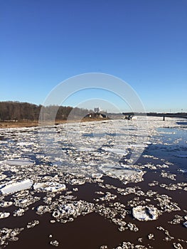 Volkhov river, a fascinating sight-ice drift, spring, Veliky Novgorod