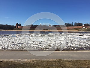 Volkhov river, a fascinating sight-ice drift, spring, Veliky Novgorod