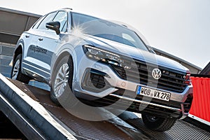 Volkswagen Touareg R-Line car showcased at the Frankfurt IAA Motor Show. Germany - September 10, 2019