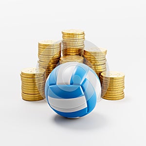Volleyball Ball ahead of Stacks of Coins on Light Gray Background