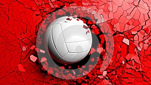 Volleyball ball breaking forcibly through a red wall. 3d illustration.