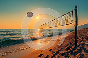 A volleyball ball collides with the net on a sunny beach, capturing the intensity of the game, A scenic beach at sunset with a