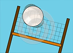 Volleyball ball on the court over the net on a blue background