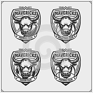 Volleyball, baseball, soccer and football logos and labels. Sport club emblems with bull. Mavericks club.