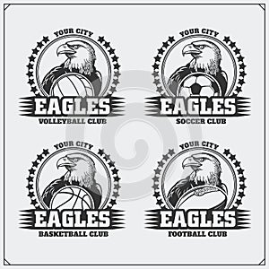 Volleyball, baseball, soccer and football logos and labels. Sport club emblems with eagle.
