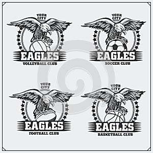 Volleyball, baseball, soccer and football logos and labels. Sport club emblems with eagle.