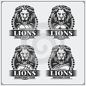 Volleyball, baseball, soccer and football logos and labels. Sport club emblems with lion.