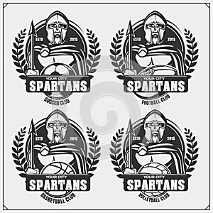 Volleyball, baseball, soccer and football logos and labels. Sport club emblems with spartans. Print design for t-shirts.